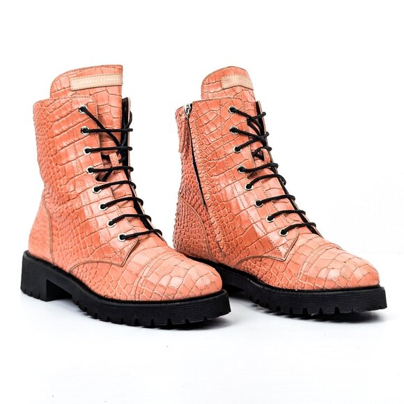 Giuseppe Zanotti Women Pink Salmon Croc Lace Leather Combat Boots 10.5US EUR 41 - Picture 1 of 8